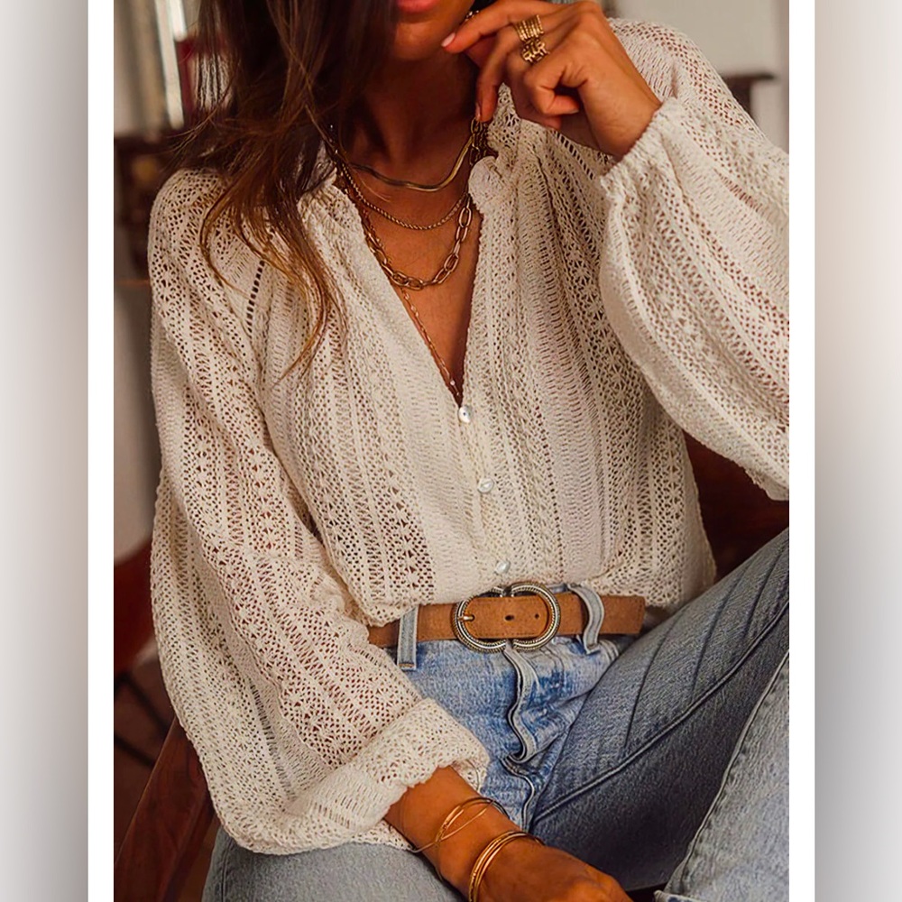 Crochet Lace Button V-neck Blouse